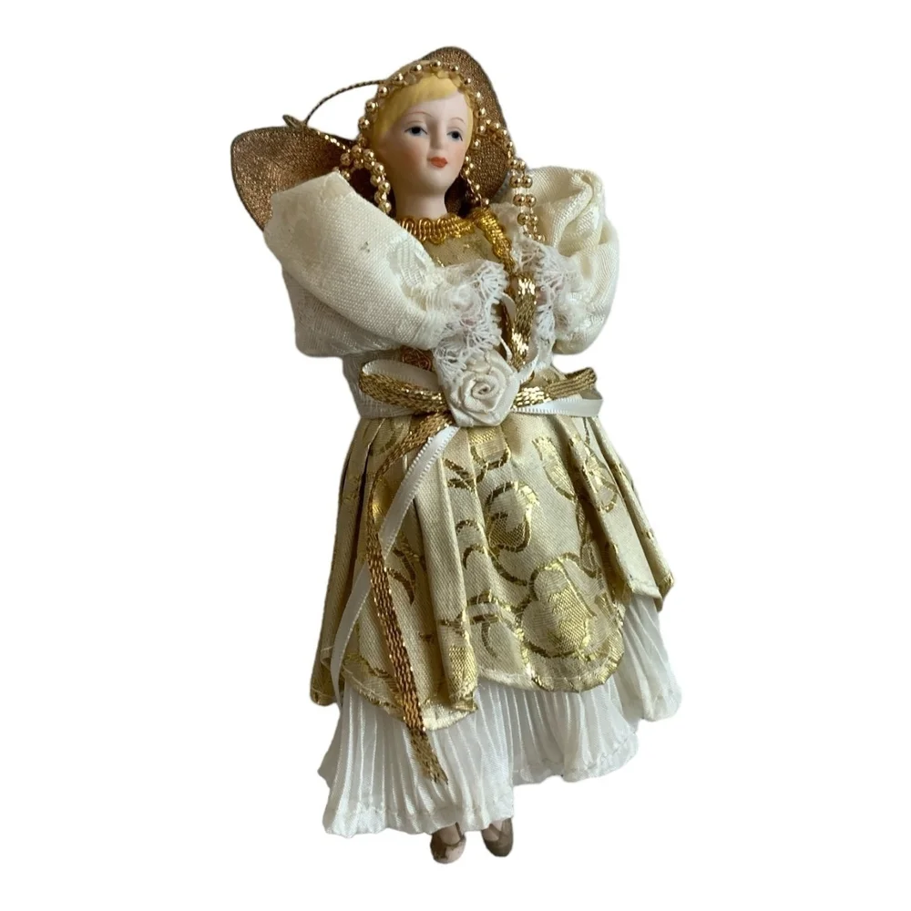 Rare Vintage Dancing Angel Ornament Gold Victorian Porcelain Angel Xmas Ornament